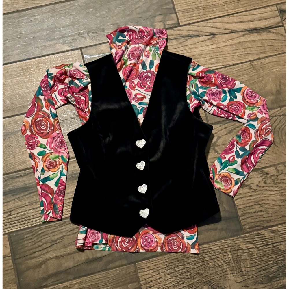 Bagatelle Collection Black‎ Velvet Vest Rhinestone Heart Buttons Women's Size S